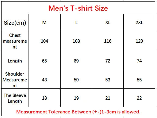 Table displaying men's t-shirt size chart with measurements in centimeters.